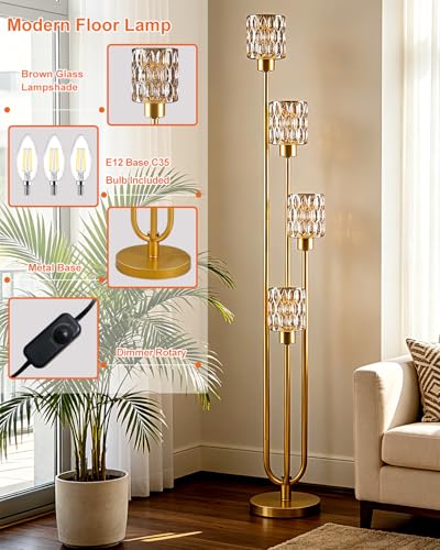 Image of Vintage 4-Light Amber Glass Floor Lamp, Dimmable Gold Standing Tall Lamp for Reading, Mid Century Modern Floor Lamp for Living Room Bedroom Home Office Corner Decor, Bulb Included