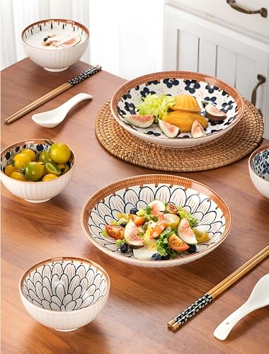 Image of YOMITH Ceramic Dinnerware Set, Floral Design Kitchen and Dining Porcelain Serving Dinner Set 2 Plates, 4 Bowls, 4 Soup Spoon & 4 Wooden Chopsticks, with Gift Box (Set of 14)