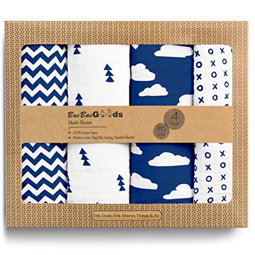Muslin Swaddle Blankets – Soft Pure Cotton Muslin Blankets – 4 Pack of Breathable Swaddle Blankets – Unisex Baby Swaddle Blanket in Navy Designs – Multi Use Muslin Blankets – 47 x 47 inches