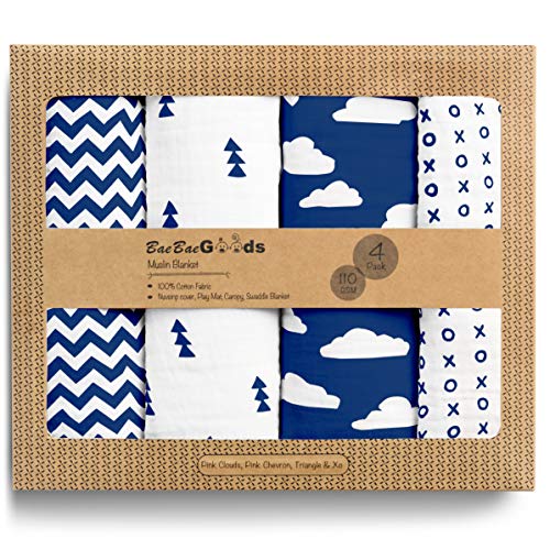 Muslin Swaddle Blankets – Soft Pure Cotton Muslin Blankets – 4 Pack of Breathable Swaddle Blankets – Unisex Baby Swaddle Blanket – Multi Use Muslin Blankets – 47 x 47 inches Navy Clouds