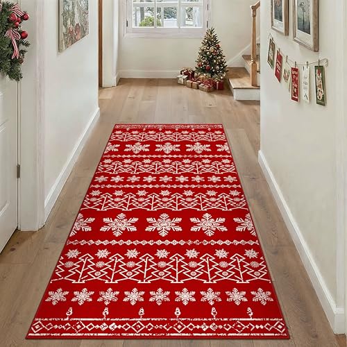 Christmas Red Area Rug 2x3 Washable Snowflake Carpet Non Slip Holiday Decorative Accent Doormat Xmas Boho for Entrance Bathroom Laundry Kitchen Dining