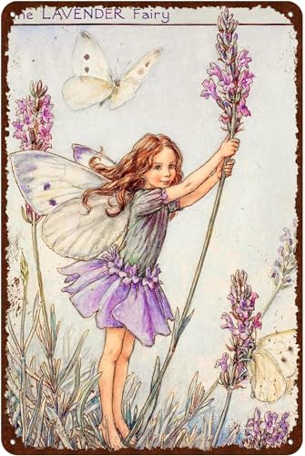 FJQWKLF Cartelli con fata dei fiori, cartelli vintage in metallo, cartelli da giardino, decorazioni da parete retrò, cartelli da parete per la casa - La fata della lavanda, 8x12 pollici