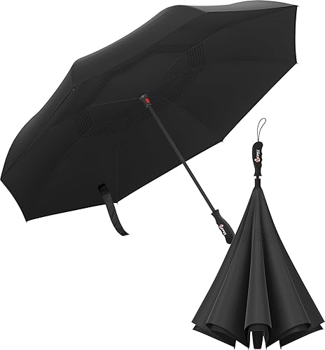 Repel Umbrella Reverse Umbrella - Upside Down Inverted Reversible Wind Resistant Design - Teflon Canopy - Windproof Umbrella with Fiberglass Ribs