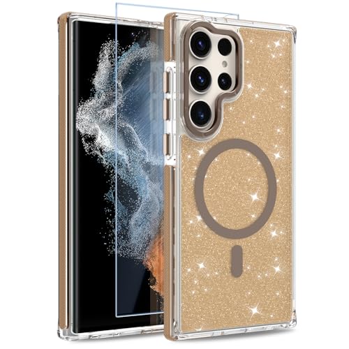 Image of Magnetic Case for Samsung Galaxy S22 Ultra [Compatible with Magsafe] [Bling Glitter Fluorescent Design] [1 Screen Protector] Slim Translucent Matte Case for Galaxy S22 Ultra 6.8 inch, Desert