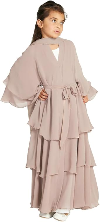 AWIBMK أطفال بنات Abayas طبقات شيفون كارديجان دبي قفطان صلاة فستان مسلم رداء رمضان Kimono Outfit