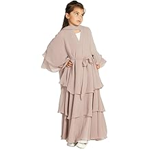 Kids Abayas Dress for Girls Muslim Dress with Hijab Chiffon Layered Islam Kaftan Robe Open Front Cardigan Prayer Dress