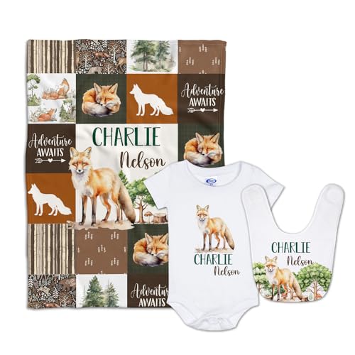 locobird Woodland Baby Blankets, Personalized Baby Blankets for Boys Girl, Custom Name Fleece Blanket, Fox Baby Stuff, Nursery Decor, for Son Daughter, Woodland Animals