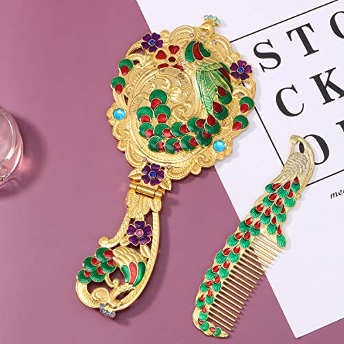 Lurrose Vintage Foldable Vanity Mirror Retro Makeup Handheld Mirror Folding Desk Cosmetic Mirror Portable Handle Mirror with Comb for Women Ladies