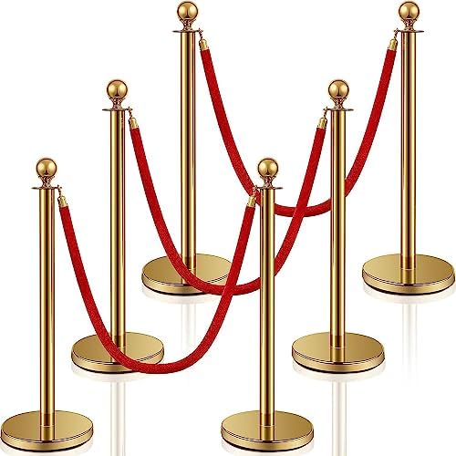 Stainless Steel Stanchion Post Queue 5 ft Red Velvet Rope Red Carpet Ropes and Poles Crowd Control Barriers Sand Injection Hollow Base and Velvet Ropes Set for Party Supplies (6 Pieces, Gold)
