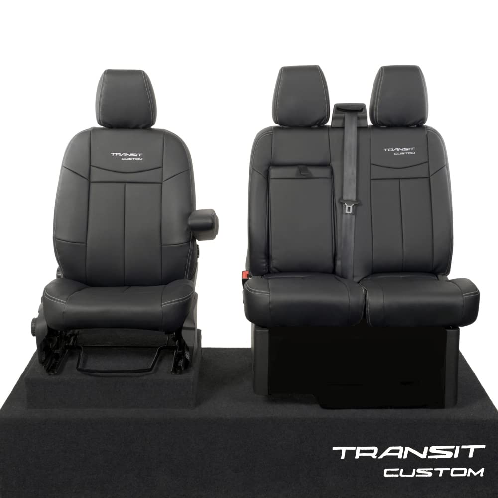UK Custom Covers SC601B Tailored Leatherette Front Seat Covers (Single/Double WITH Pull Down Tray) with Plain Block Stitch & 'Transit Custom' Embroidery Black - To Fit Ford Transit Custom 2013 Onwards