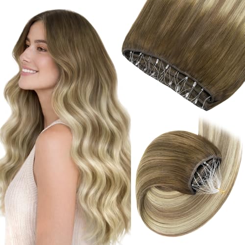 Image of GOO GOO Sew in Hair Extensions Real Human Hair, Micro Beaded Weft Hair Extensions Human Hair, 3 /8 /613 Balayage Walnut Brown to Ash Brown and Bleach Blonde 16 Inch 90g, Natural Volume