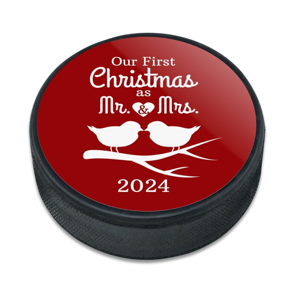 Our First Christmas as Mr and Mrs 2024 Married Kissing Birds Red Background Ice Hockey Puck
