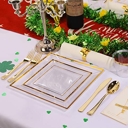 Wellife 350 Pcs Gold Plastic Square Dinnerware, Disposable Gold Plastic Plates, Includes: 50 Dinner Plates10.25”, 50 Dessert Plates7.5”, 50 Cups 9 Oz, 50 Pre Rolled Napkins With Cutlery #TOP1