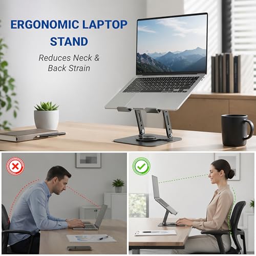 Image of Aluminum Laptop Stand for Desk - 360 Rotating Swivel Base, Height Adjustable Ergonomic Riser - Foldable & Portable Notebook Holder Compatible with MacBook, HP, Dell, Lenovo