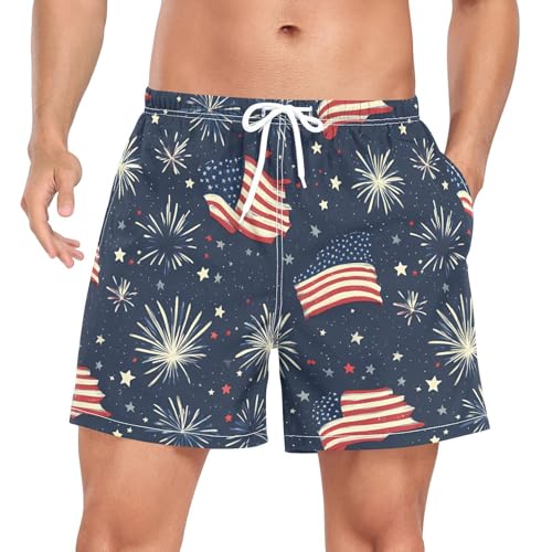 Men's Swim Trunks America Flag Firework Pattern Quick Dry Navy Swimwear Beach Shorts with Pockets