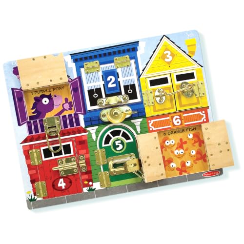 Melissa & Doug Tablero de Pestillos, Tablero Montessori Latches Board, Juguetes de desarollo, Juguete de Madera, Habilidades motoras, 3+ Años, Regalo Adecuado para niñas y niños