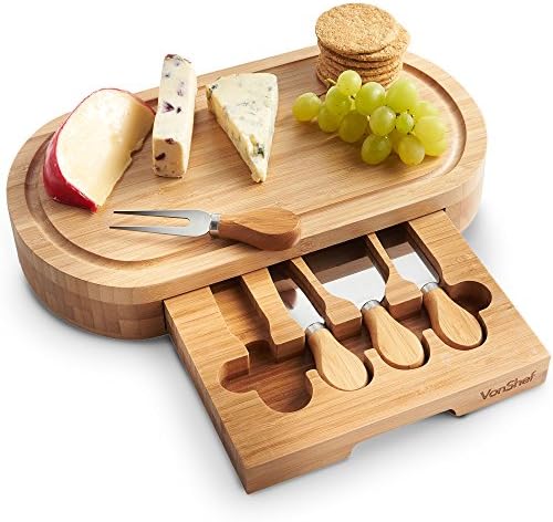 VonShef Wooden Cheese Board - Oval Natural Bamboo Cheese Board with Slide Out Storage Drawer - Includes 4 Cheese Knives