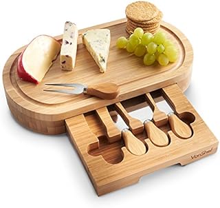 VonShef Wooden Cheese Board - Oval Natural Bamboo Cheese Board with Slide Out Storage Drawer - Includes 4 Cheese Knives