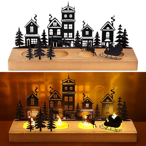 Tatxmalv Portavelas Navidad Vela Decorativa, Corona de Adviento Porta Velas, Candelabros para Velas de Metal Negro con Base de Madera, Decoración de la Víspera de Navidad, 28x12.5x8 cm