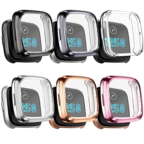 Mugust [6 Pack] Screen Protector Compatible with Fitbit Versa 2 Case TPU Plated Full Around Protective Case Cover (Black Space Gray Silver Rose Gold Rose Pink Clear)