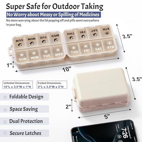 Foldable Weekly Pill Organizer 2 Times a Day with 2 Extra Compartments (Clear Printed Labels) - Portable 7 Day AM PM Medicine Box, Week Daily Travel Pill Case Holder for Vitamin, Supplement - Khaki