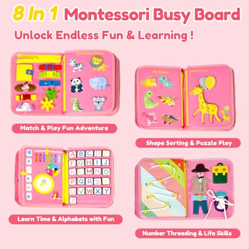 Image of Qizfun Toddler Busy Board Montessori Toys - Sensory Busy Book, Educational Learning Travel Toy for Airplane & Car, Keeps Toddlers Engaged, Birthday Gifts for Toddler Girls
