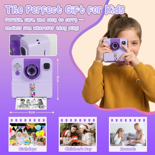 كاميرا طباعة فورية ملونة مع سيلفي قابل للقلب، ألعاب كاميرا أطفال بدقة 1080P عالية الدقة HD مع ورق طباعة، وبطاقة 32 جيجابايت وأقلام ملونة ومناسبة لعيد ميلاد البنات والأولاد بسن 3-12 سنة من بينريك