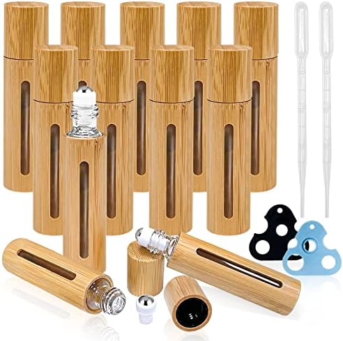 MYKASEN 12Pcs 10ml Roller Bottles Balls for Essential Oils, Roll on Bottles with Bamboo Shell Clear Glass Inner, Portable Refillable Perfume Sample Bottle with Stainless Steel Ball