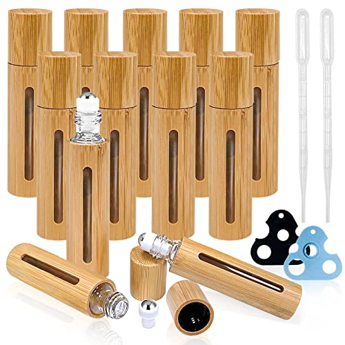 12Pcs 10ml Roller Bottles Balls for Essential Oils, Roll on Bottles with Bamboo Shell Clear Glass Inner, Portable Refillable Perfume Sample Bottle with Stainless Steel Ball