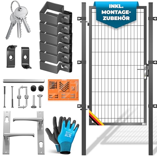 KESSER® Gartentor Premium Gartentür aus Metall verzinktem Stahl, Gartentür für Stabmattenzau Zauntor, Hoftor, inkl. Pfosten mit Schloss Türklinke und Schlüssel, 180 x 106cm Anthrazit