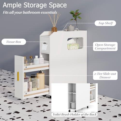 LIFEZEAL Badezimmerschrank klein, Nischenschrank mit Toilettenpapier-Box, Bürstenhalter & Schublade, Badschrank Nischenregal schmal für Waschküche, Wohnzimmer, Badezimmer (Weiß)