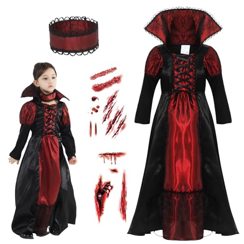 Cloudkids Disfraz Vampiresa de Niña 4-6 Años, Halloween Disfraz de Vampiro Niña Chica, Talla M, Color Rojo y Negro