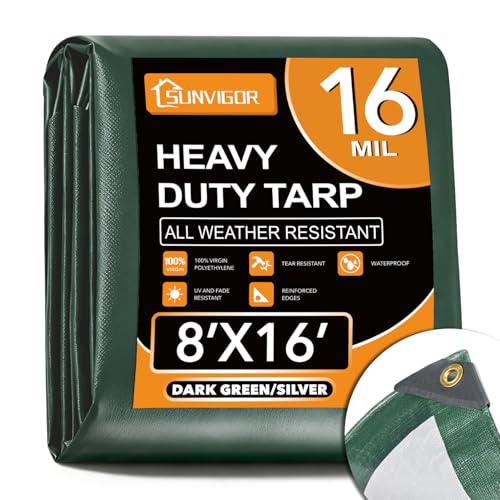 Sunvigor Tarp Waterproof 8x16Ft, Extra Thick 16 Mil Heavy Duty Tarp Cover, Tear & Fade Resistant, Outdoor Tarps with Brass Grommets and Reinforced Edges for Roof, Camping, Patio, Boat (Green/Silver)