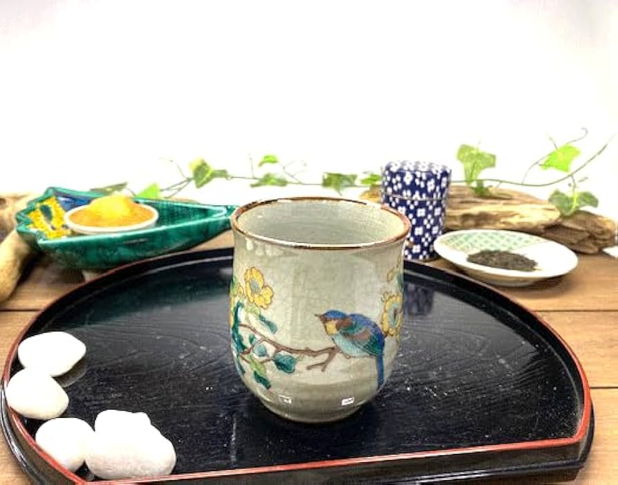 Amazon | 百華園 九谷【湯呑】大 金糸梅に鳥【裏絵】 | 九谷焼