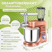 KESSER® Küchenmaschine 3in1 mit Fleischwolf & Mixer, 1500W Knetmaschine 5,5L Rührschüssel + Spritzschutz, 6 Geschwindigkeiten, Knethaken, Schneebesen, Rührhaken & Raspeln, Backen & Kochen, Kupfer – Ansicht 8