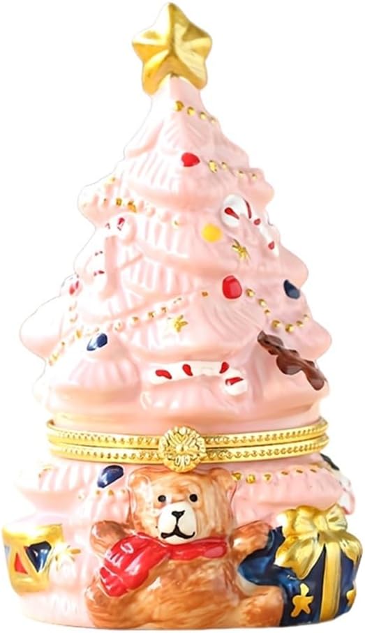 HUFFA Christmas Tree Jewelry Trinket Box - Fine Craftsmanship Treasure Case for Holiday Parties and Desk Decor(pink)