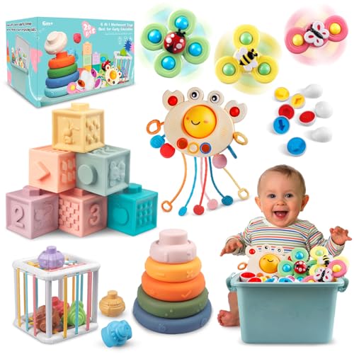 Image of 6 in 1 Baby Toys 6 to 12 Months, Montessori Toy for Toddlers 1-3, Infant Teething Babies Toy Stacking Blocks Rings Pull String Toy Sorter Sensory Bin