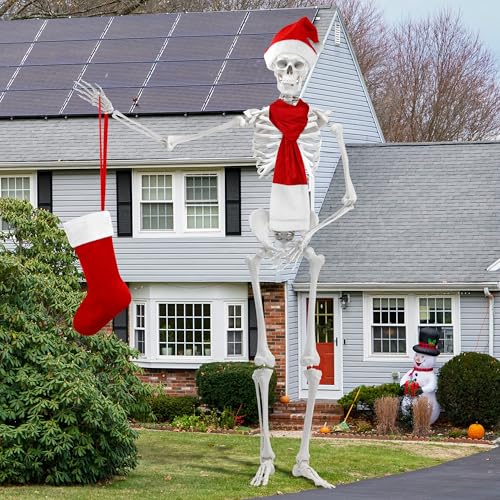 Vivantia Christmas Skeleton Costume, 12 ft Skeleton Clothes Accessories with Santa Hat Scarf & Stocking Storage Bag for Xmas Party Yard Decorations Indoor Outdoor Garden Props