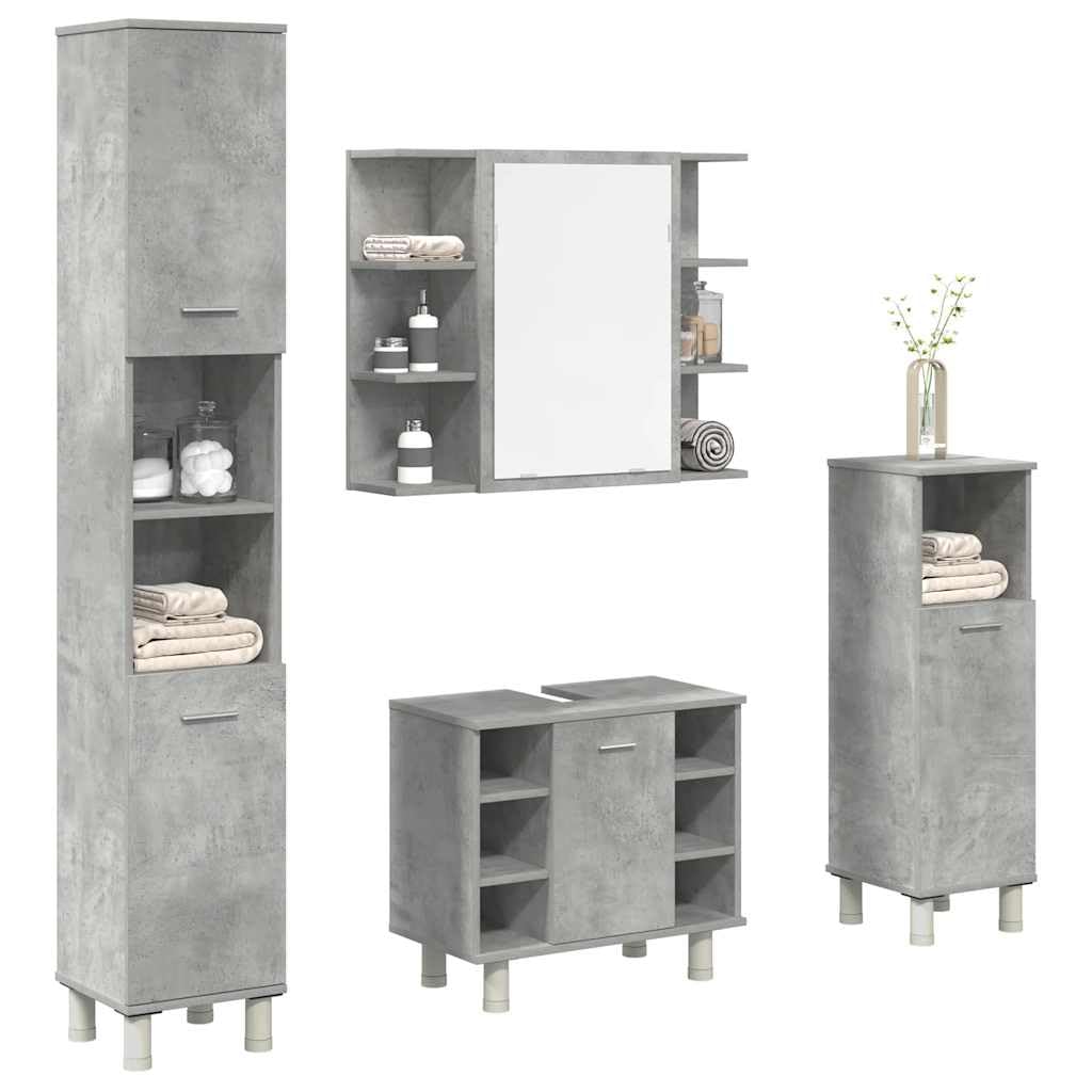 4-TLG. Badmöbel-Set Betongrau Holzwerkstoff Betongrau, Badezimmerschrank, Unterschrank Bad, Unterschrank