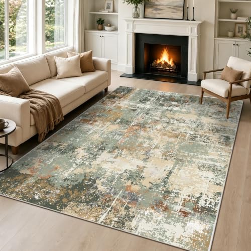Image of Capslpad 120x180cm Large Modern Abstract Rugs Living Room Non-slip Area Rug Short Pile Faux Wool Bedroom Carpet Lightweight Washable Minimalist Floor Carpet for Indoor Home Office Decor, Dusty Sage