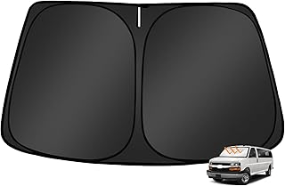 Custom Fit Windshield Sun Shade for Chevy Express Cargo Van 1500 2500 3500 4500 1996-2025/GMC Savana 1996-2023, Easy to Install & Store, 210T Reflective Fabric, Blocks 99% of UV Rays