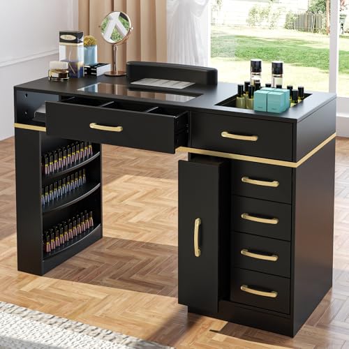 ELEVACHIC Manicure Table Nail Desk w/Electric Dust Collector, Glass Top Versatile Manicure Station for Nail Tech, Includes Wrist Cushion, Storage Cabinet & Drawers, Shelves, for Salon & Home, Black