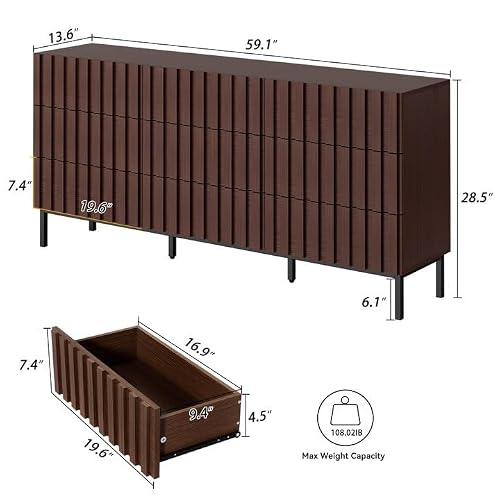 UEV 9 Drawer Dresser for Bedroom,Fluted Dresser with 9 Drawer, 59\" Mid Century Dresser,Walnut Dresser with Panels for Handle,Long Chest of Drawers TV Stand Dresser for Bedroom,Living Room,Hallway