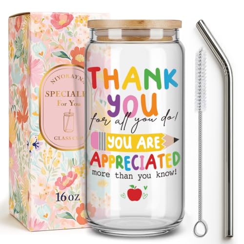 Best Teacher Appreciation Gifts for Women,Friend,Sister,Teacher Gifts for Christmas Birthday Thanksgiving,Thank You Teachers Glass Coffee Cup with Lids and Straws,Thank You for All You Do-115