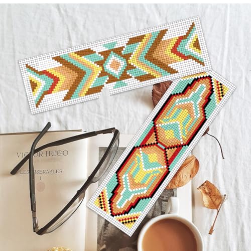 Image of BEUNITONE Cross Stitch Bookmarks Kit 6 Pcs Geometric Pattern DIY Bookmarks Cross Stitch Kits for Beginners Boho Floral Fabric Bookmark Kit Traditional Decorative Counted Knitting Kit 8''x2.4''