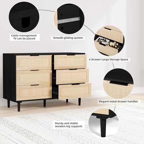 FUQARHY 6 Drawer Dresser Rattan Dresser Modern Chest with Drawers,Wood Storage Closet Dressers Chest of Drawers for Bedroom,Living Room,Hallway (Black)