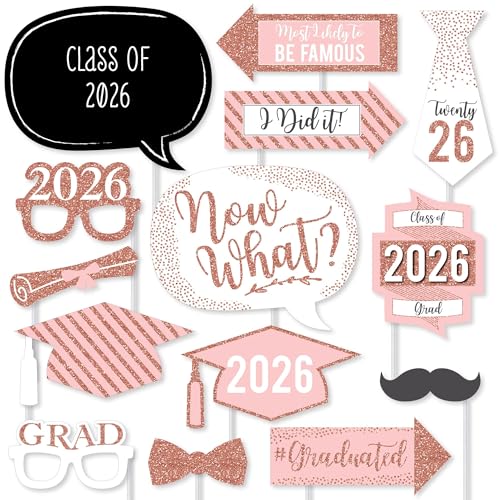 Big Dot of Happiness Graduation Props for Photoshoot 2026, 20-Count Set of High School Senior Photo Booth Props for Pictures and Graduation Party Decorations - Rose Gold