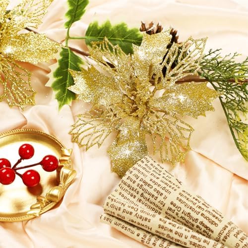 Falflor 20PCS Artificial Glitter Poinsettia Flowers Gold Christmas Poinsettia Flower with Stems Faux Flowers Decorations for Crafts Christmas Tree Wreath