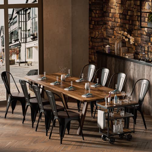 Shahoo Metal Dining Chairs Classic Iron Stackable Industrial Vintage Trattoria Wooden Seat And Back, Indoor-Outdoor Side Settee For Home Bistro Cafe Kitchen Restaurant Set Of 4, Black And Gold #TOP3