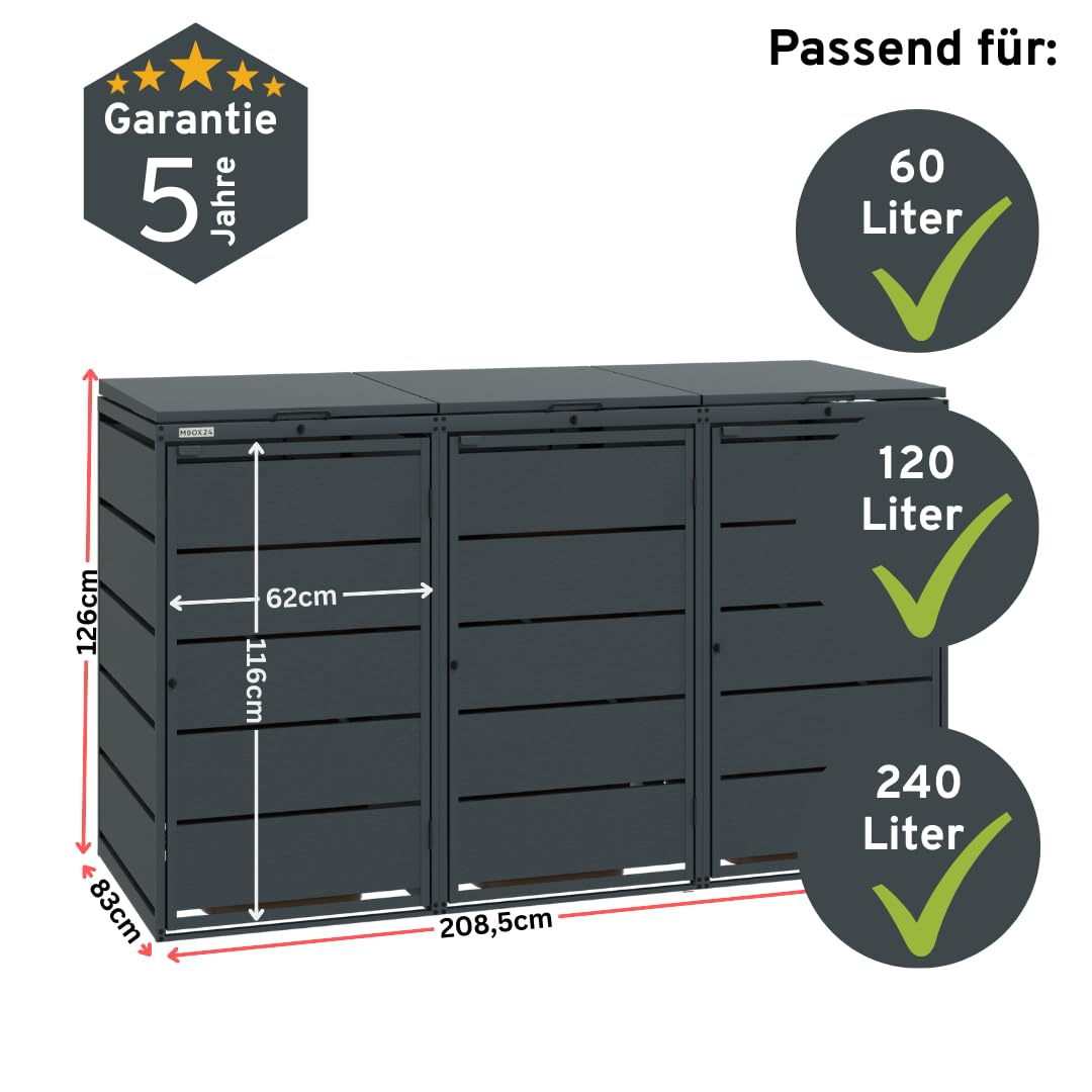 Classic Mülltonnenbox für 3 Mülltonnen (240L) aus verzinktem Stahl, 3er Metall Mülltonnenverkleidung in Anthrazit, robust & wetterfest